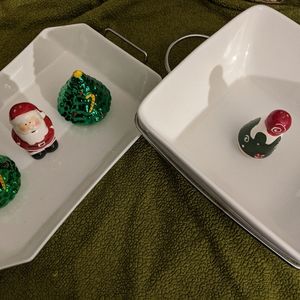 White ceramic serving dishes w metal stands & hndl